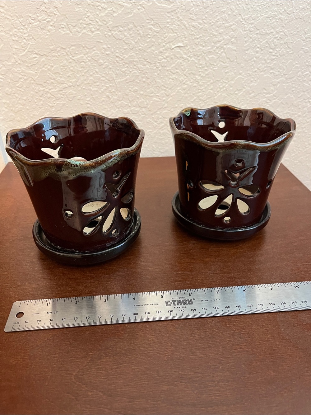 2 orchid pots - brown with green accents